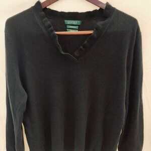 Lauren by Ralph Lauren 100% CASHMERE Black ruffle/flutter V-neck sweater (XL)